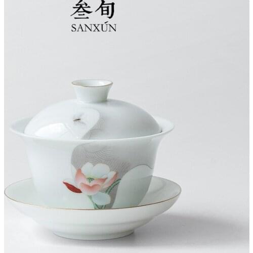 Ten-day qing lotus three tureen ceramic cups tea bowl of kung fu tea set manually shadow celadon tureen ink and wind