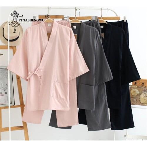 Japanese Kimono Unisex Yukata Cardigan Pajamas Shorts Set Summer Pure Cotton Simple Home Serve Suit Women Men Nightgown Bathrobe