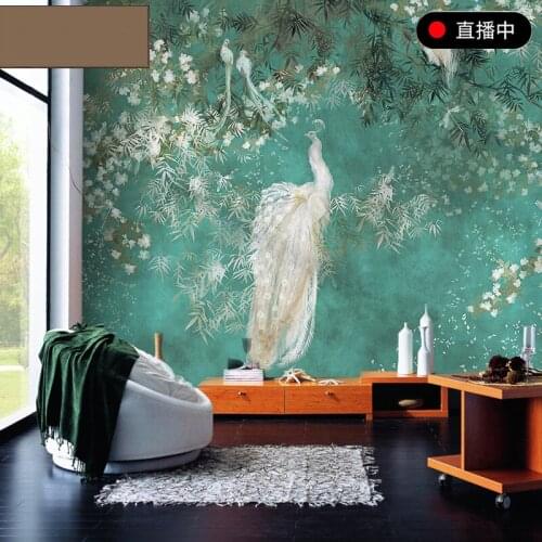 Nordic hand painted branches white peacock wallpaper bedroom living room sofa TV American plant abstract background wall mural