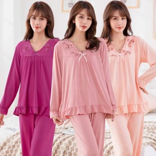 2020 Autumn Long Sleeve V-neck Pajama Sets Women Cute Lace Sleepwear Suit Pyjamas Loungewear Homewear Pijama Mujer Home Clothes