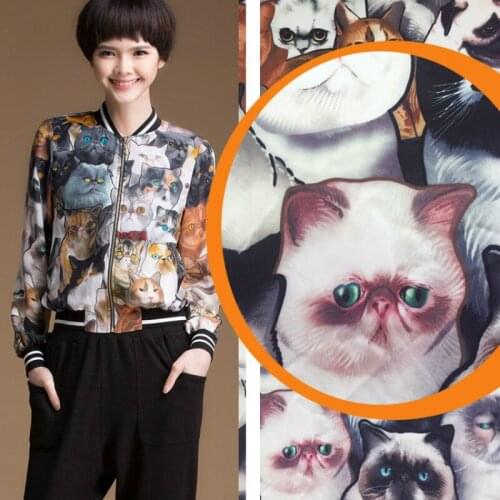 Cat printed polyester stretch satin fabric cloth 145 cm width womens children shirt dress clothing factory custom fabric