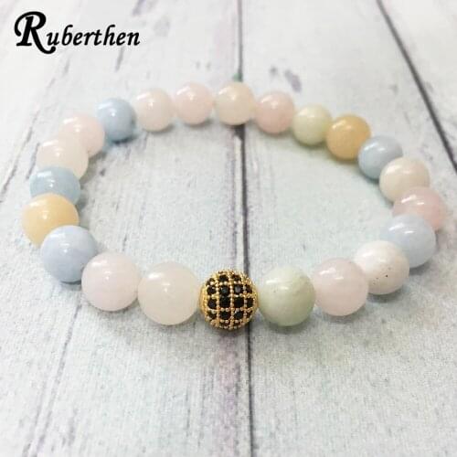 Ruberthen A Grand 8 mm Genuine Stone Bracelet Wrist Yoga Mala Morganite Beaded Bracelet for Women Feminine Power Jewelry
