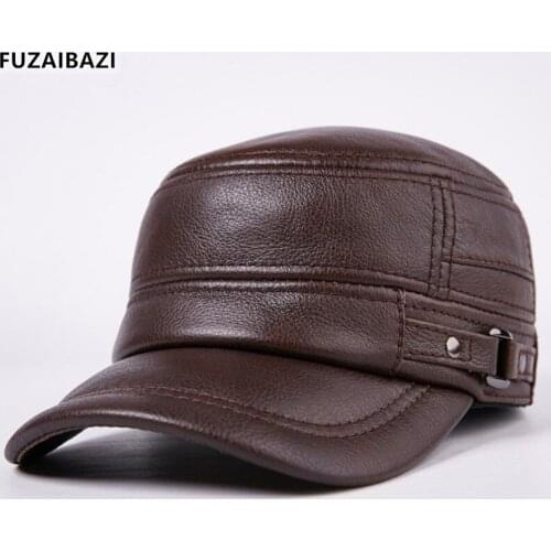 FUZAIBAZI Fashion New Genuine Leather Autumn Winter Men Cowhide Military Hats Bone Adjustable Size Earmuffs Keep Warm Flat Cap