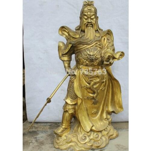 001485 40" Chinese Folk Brass Stand General Guan Gong Yu Warrior God Statue Sculpture