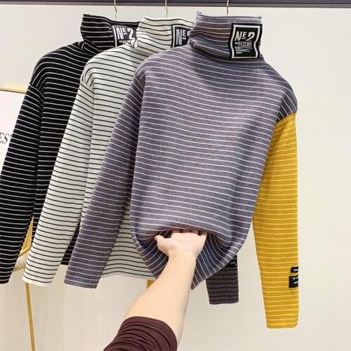 Yellow Stripe Sweater Women New top tees Letter Splicing Stripes Turtleneck Long Sleeve Knitted tShirt Female top Pullover