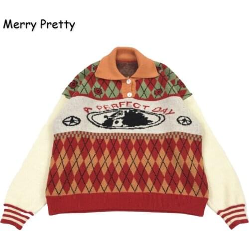 XUANHAO Womens Cartoon Embroidery Diamond Lattice Knitted Sweaters 2019 Winter Thick Warm Jacquard Sweater Knit Pullovers