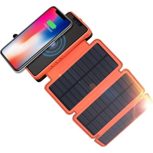 Qi Wireless Charger Solar Power Bank 10000mAh Portable Charging Waterproof Powerbank LED Flashlight for Camping Travel Poverbank