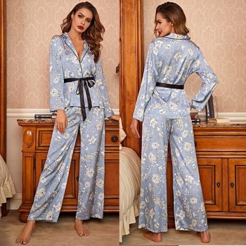 Womens Pajamas Summer Ice Silk Loungewear Long Sleeve Trousers Two Piece Pijama Set Spring and Autumn Sleepcoat Nightgown
