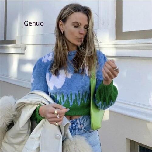 Oversized Pullovers for Women Cloud Print Knitted Sweater Long Sleeve Autumn New Ladies Street Sky Blue Sweet Clothing