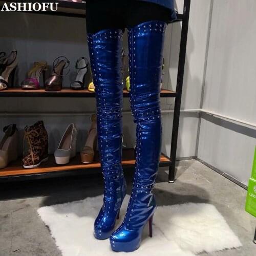 ASHIOFU New Handmade Womens Thigh High Boots Rivets Spikes Sexy Platform Club Over Knee Boots Stripers Evening Long Boots Shoes