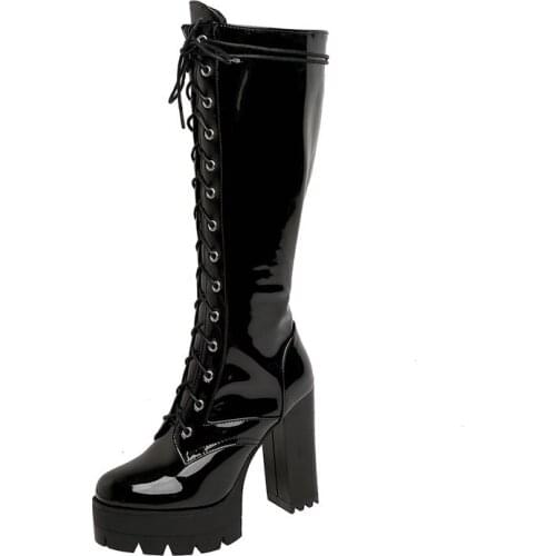 Black White Red Women Knee High Boots Fashion Platform Square High Heel Ladies Motorcycle Boots Cross Tied Ladies Winter Shoes