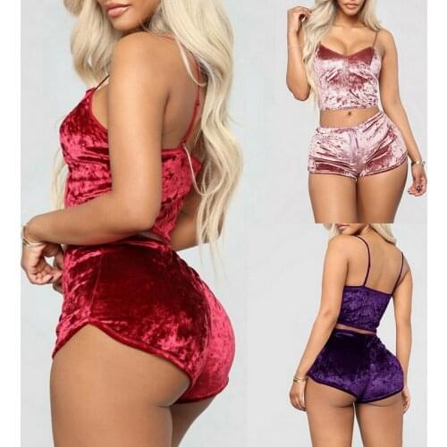 Womens Velvet 2 Piece Pajama Set Sexy Spaghetti Strap Camisole Sleeping Clothes Women Bodysuit Lingerie Red Nightwear