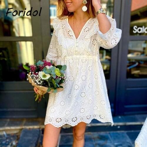 Foridol Half Sleeve V Neck Ruffle White Lace Dress Women Embriodery Hollow Out Spring Autumn Dress Casual Button Party Dress