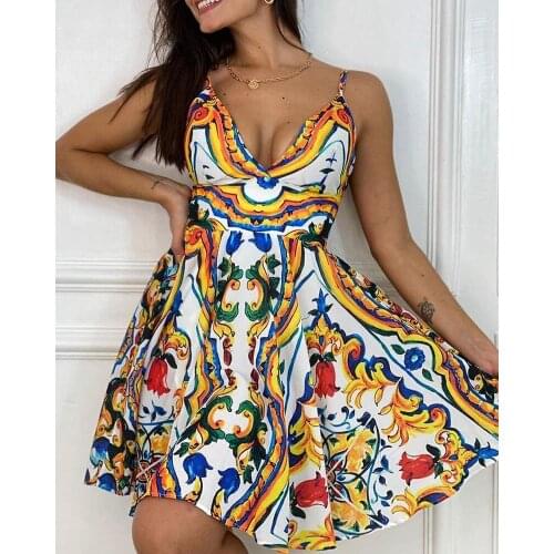 CHRONSTYLE 2021 Women Boho Bodycon Floral Print Dress Sleeveless Lady Elegant Summer Vintage Sundress V-neck Mini Pleated Dress