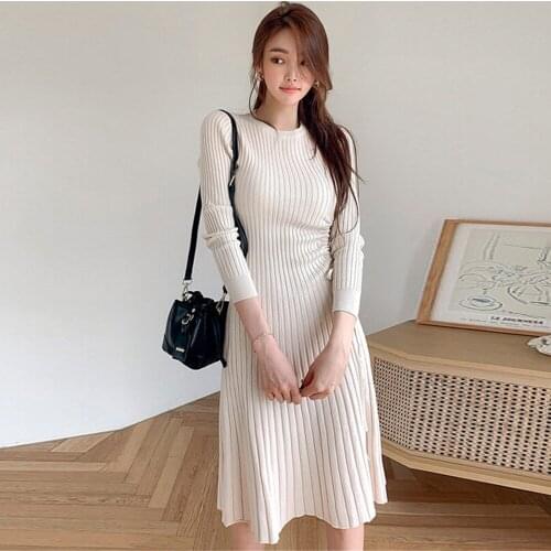 SMTHMA Women New Winter Solid Warm Personalized Drawstring Dress Knitted Long Sleeve Chic Streetwear Ladies Mid Vestidos
