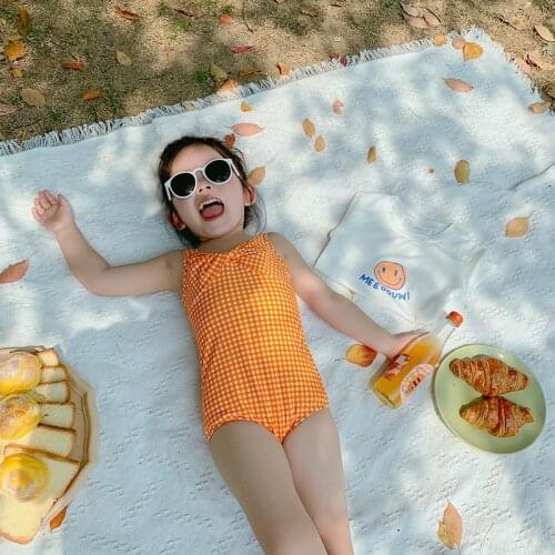 2PCS /SET Toddler Infant Baby Girls Swimsuit Orange Grid Summer Hawaii Beach Bikini Kids Swimwear Swimming Costume
