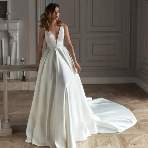 2021 Satin A-line V-Neck Sleeveless Backless vestido de noiva Bridal Gown For Women Brides Robe De Maire