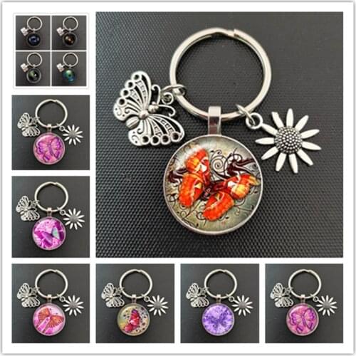 New Butterfly Keychain Flower Key Ring Glass Cabochon Female Fashion Jewelry Quality Bag Car Charm Key Chain Kid