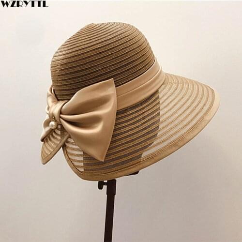 Elegant Ribbon Bowknot Summer Hats Wide Brim Visor Sun Hats for Women Lady Race Hat Kentucky Derby Church Beach Hat Occasion Cap