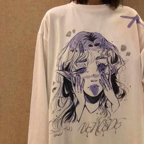Cotton Women Casual Tshirt White Cartoon Funny Girl Streetwear Female Tops Tee Long Sleeve Fashion T Shirt Hip Hop Clothes