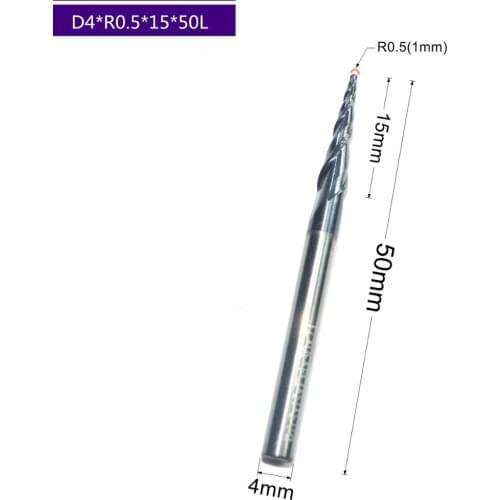 HRC55 solid carbide D4*R0.5*15*50L TiALN Coated Taper Ball Nose End Mill,cone milling cutter,Spherical woodworking router bit