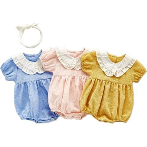 New 2020 Summer Baby Newborn Infant Baby Girls Rompers Cotton Lattice Doll Colla Baby Short Sleeve Cotton Fart Clothes