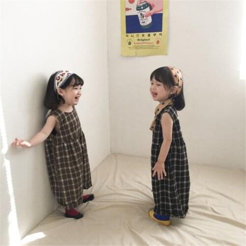 Korean style boys and girls cotton linen plaid one-piece spring summer sleeveless loose unisex wide-leg jumpsuit clothes