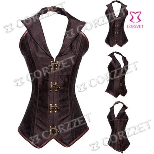 Brown Brocade Vintage Spiral Steel Boned Overbust Steampunk Corset Waist Trainer Sexy Corsets And Bustiers Women Gothic Corpete