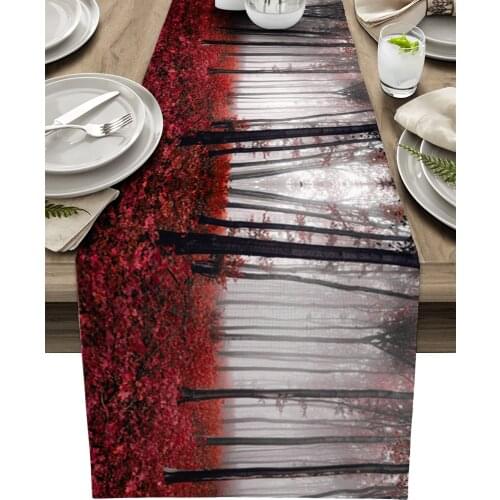 Autumn Woods Maple Leaves Red Table Runner Luxury Wedding Decoration Table Cover Christmas Decoration Tablecloth