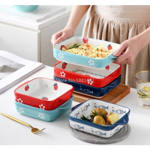 Creative Strawberry Binaural Ceramic Home Cute Baking Pan Rectangular Baking Plate