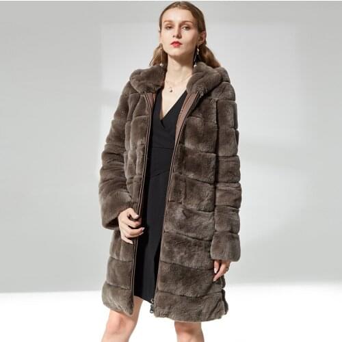 Rex rabbit fur coats for women High quality with fur hood real fur coat transform Detachable with zipper on sleeves