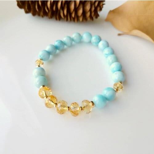 Lii Ji Genuine Natural 8mm Blue Dominican Republic Larimar Citrine Bracelet US 9K GF Delicate Bracelet For Women Men Jewelry