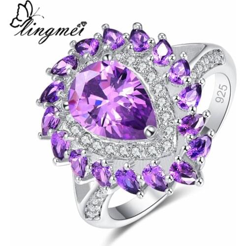 Lingmei Charm Water Drop Purple & Gold White CZ Silver Color Ring Size 6-9 Luxury Elegant Women Wedding Fashion Jewelry