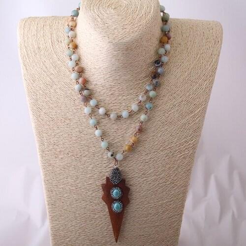 Fashion Amazonite Stones Hematite Crystal Wood Arrowhead Pendant Necklace Handmade Natural Stone Bead Necklace Free Shipping