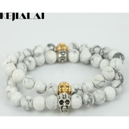 KEJIALAI Fashion Beaded Skull Head Men Charm Stretch Bracelet Natural 8mm White Howlite Round Gem Stone Beads Women Bracelet