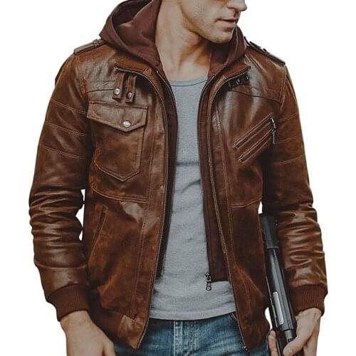 Brand Motorcycle Leather Jacket Men Winter Patchwork Hooded Zipper Mens Leather Jacket Jaqueta De Couro Masculina PU Mens Coats