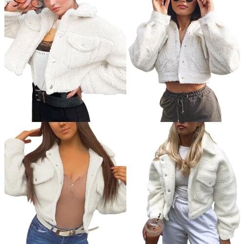 Hirigin New Winter Women Solid Color Lamb Clothes Coat White Turn-down Collar Buttons Open Front Jacket with Pockets 2021