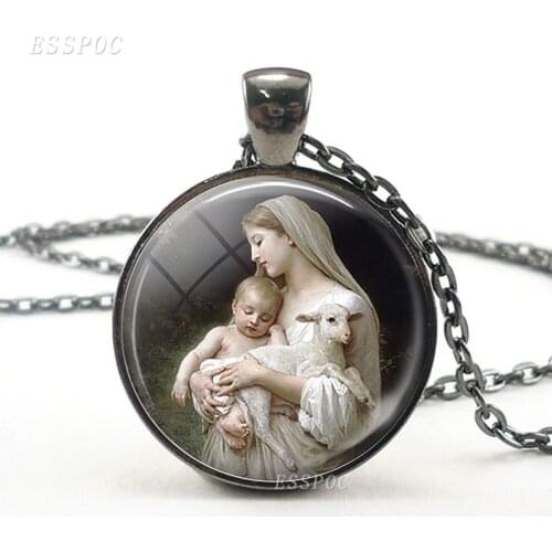 Virgin Mary Jesus and Lamb Cabochon Glass Pendant Necklace Black Bronze Chain Necklace Religion Jewelry Christian Gift
