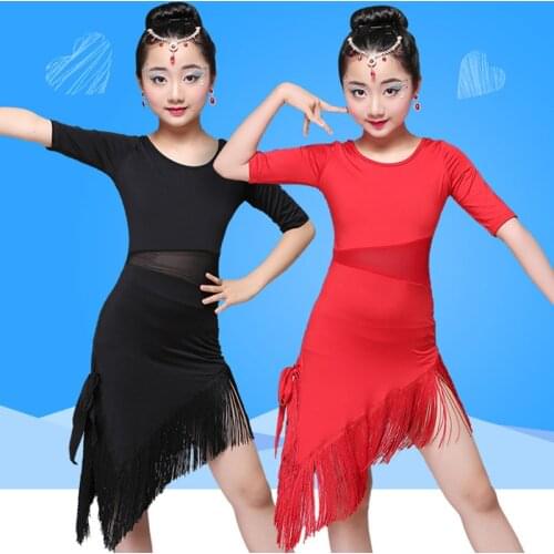 2020 Girls Fringe Dress Child Salsa Tango Samba Ballroom Tassel Skirt Black Red Long Sleeve Skirt For Latin American Dances