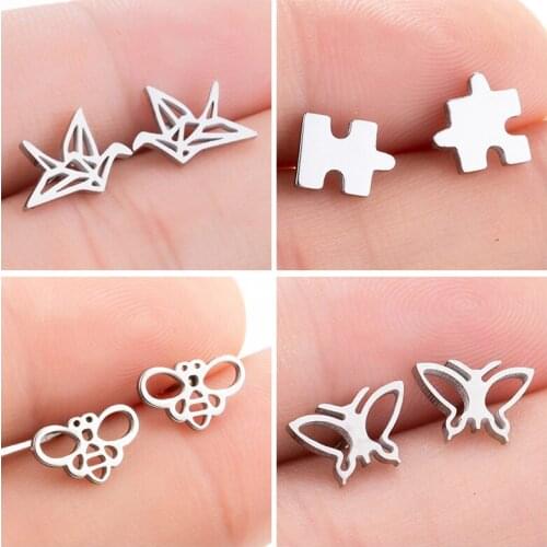 Sasusp Earrings For Women Crane Puzzle Bee Butterfly Stainless Steel Earings Ear Studs New Year Gift For Girls