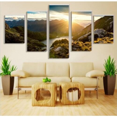 Modern Mountain And River Landscape Canvas Painting 5 Pieces Wall Art Nature Sunshine Wall Picture For Living Room Unframed