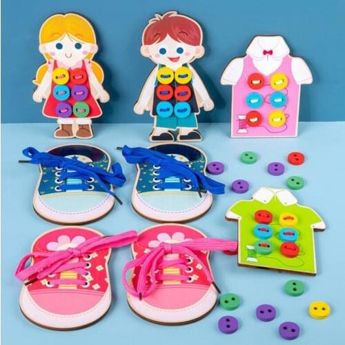 Montessori Aid Tie shoelaces Zipper Button Teaching toy Kindergarten Manual Diy wooden board Sensory Education Toy for Children
