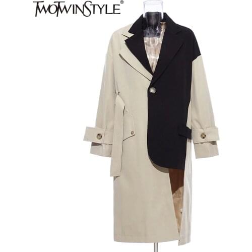 TWOTWINSTYLE Patchwork Hit Color Womens Windbreakers Lapel Collar Long Sleeve High Waist Irregular Trench Coats For Female Tide