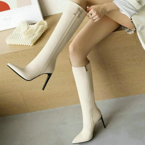 Black Beige Women Knee High Boots Fashion Thin High Heel Pointed Toe Ladies Calf Boots Faux Leather Side Zipper Womens Shoes