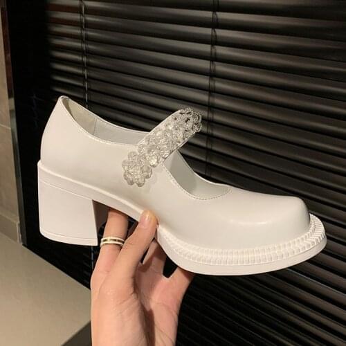 Womens Shoes White Big Toe Shoes Female Japanese Leather Round Toe Thick Heel Single Shoes Retro Rhinestone Mary Jane Shoes