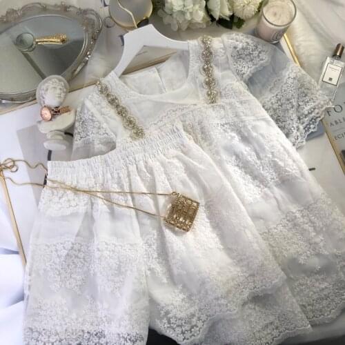 Retro Organza Shirt Elastic Waist Shorts Suit for Women 2021 Summer New Fashion Beaded Top Shorts Two-Piece Suit for Ladies