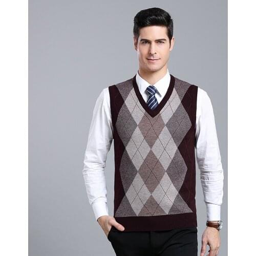 Winter Mens Slim Fit Sleeveless Cashmere Knitting Pullover Casual Sweater Vest V-neck Argyle Sweater