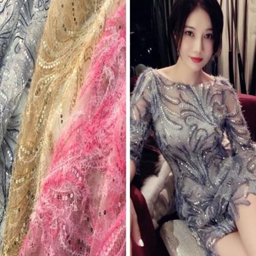 1meter high-grade diamond mesh bottom lace fabric sequin bud silk yarn feather embroidery clothing fabric wedding dress fabric