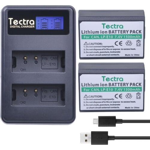 Tectra 2 xLP-E10 LPE10 Battery Bateria + LCD USB Dual Charger for Canon EOS Rebel T3 T5 T6 Kiss X50 Kiss X70 EOS 1100D EOS 1200D