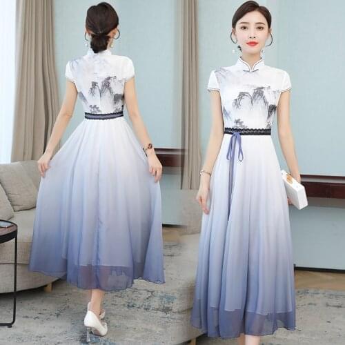 Ao Dai 2020 Summer New Floral Vietnam Dress For Women Elegant Cheongsam Traditional Folk Qipao Asian Clothes Vestidos 10233